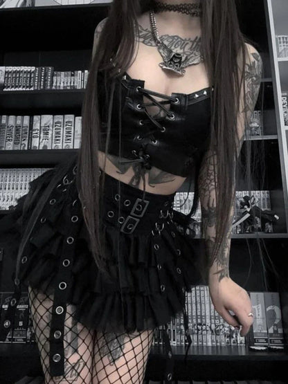 Cyber PU Y2K Crop Emo Lace-up Gothic Leather Grunge Top