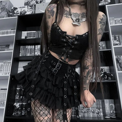 Cyber PU Y2K Crop Emo Lace-up Gothic Leather Grunge Top