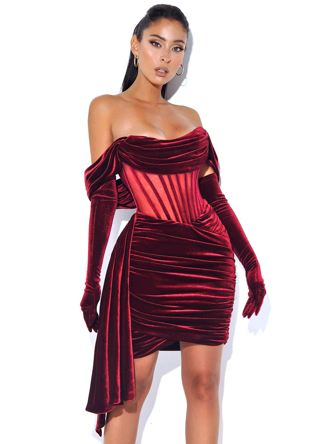 Irisa Burgundy Draping Charming Off Shoulder Corset Dress XXS / US Dresses Main image