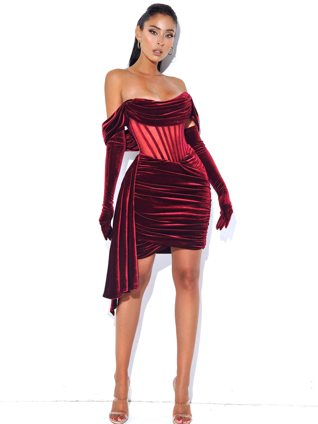 Irisa Burgundy Draping Charming Off Shoulder Corset Dress Dresses