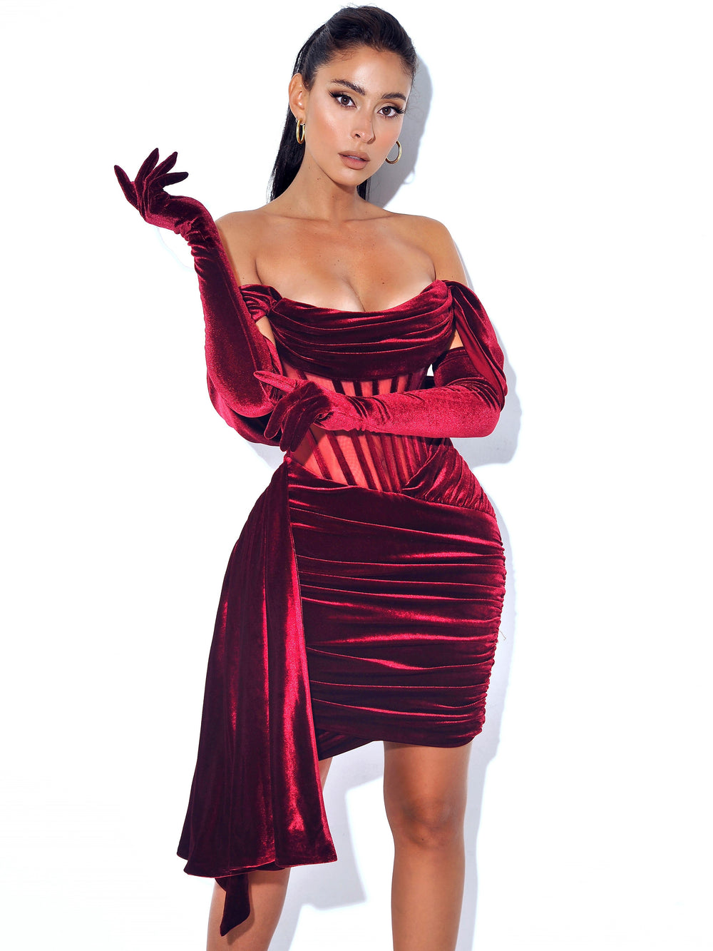 Irisa Burgundy Draping Charming Off Shoulder Corset Dress XL / US 12 14 Dresses