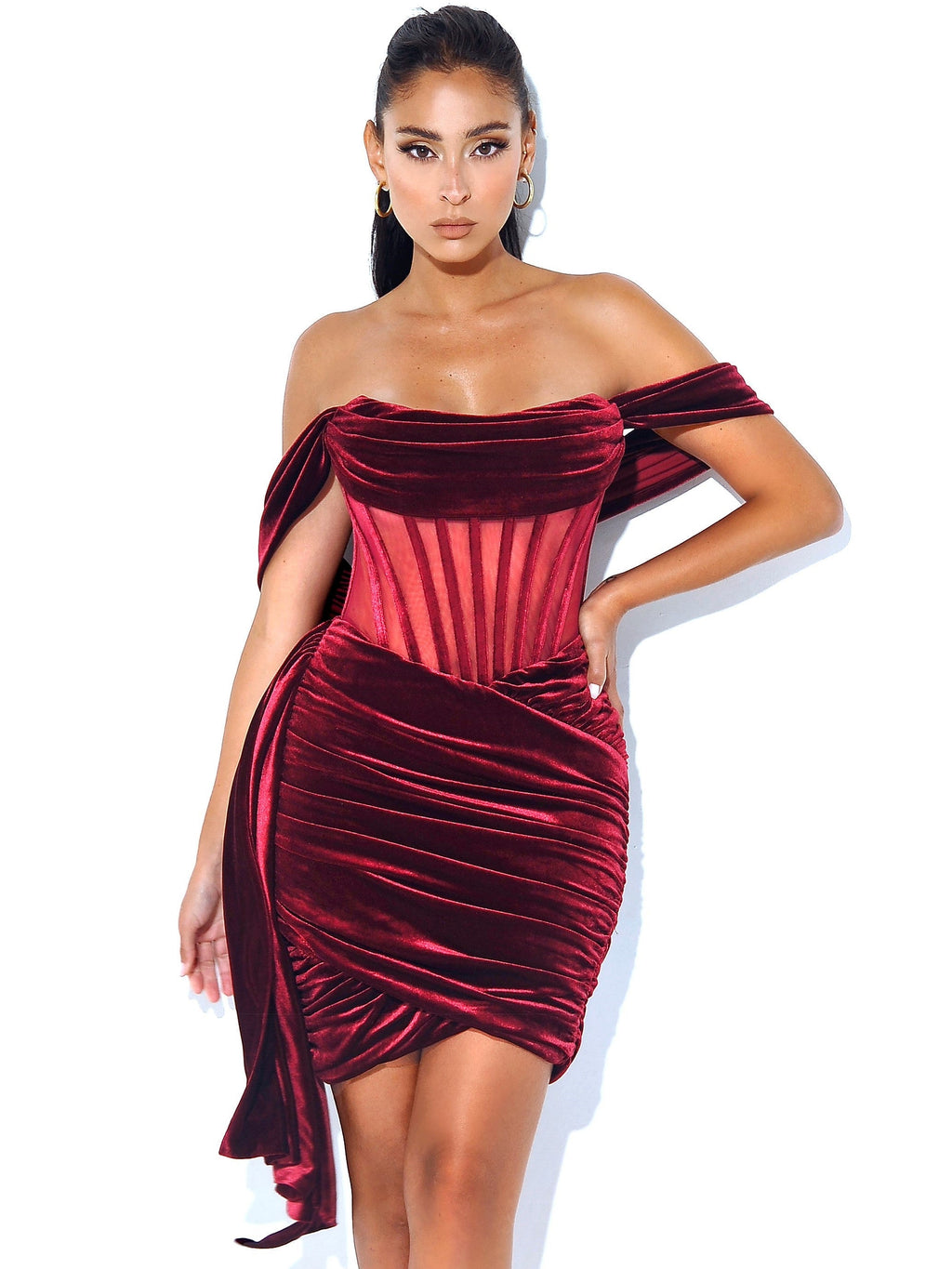 Irisa Burgundy Draping Charming Off Shoulder Corset Dress M / US 6 8 Dresses