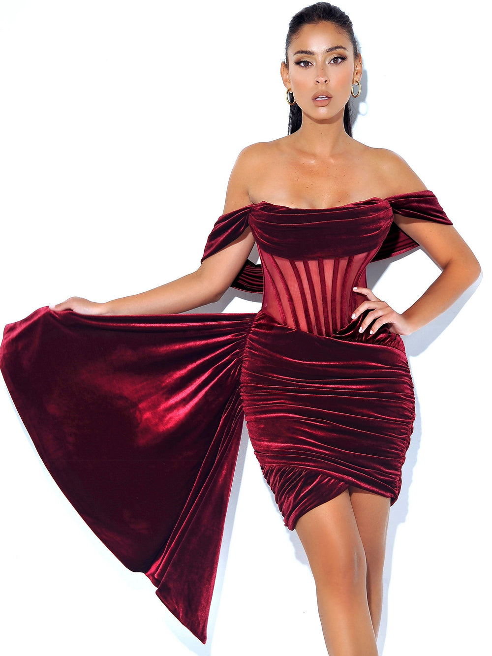 Irisa Burgundy Draping Charming Off Shoulder Corset Dress L / US 10 12 Dresses
