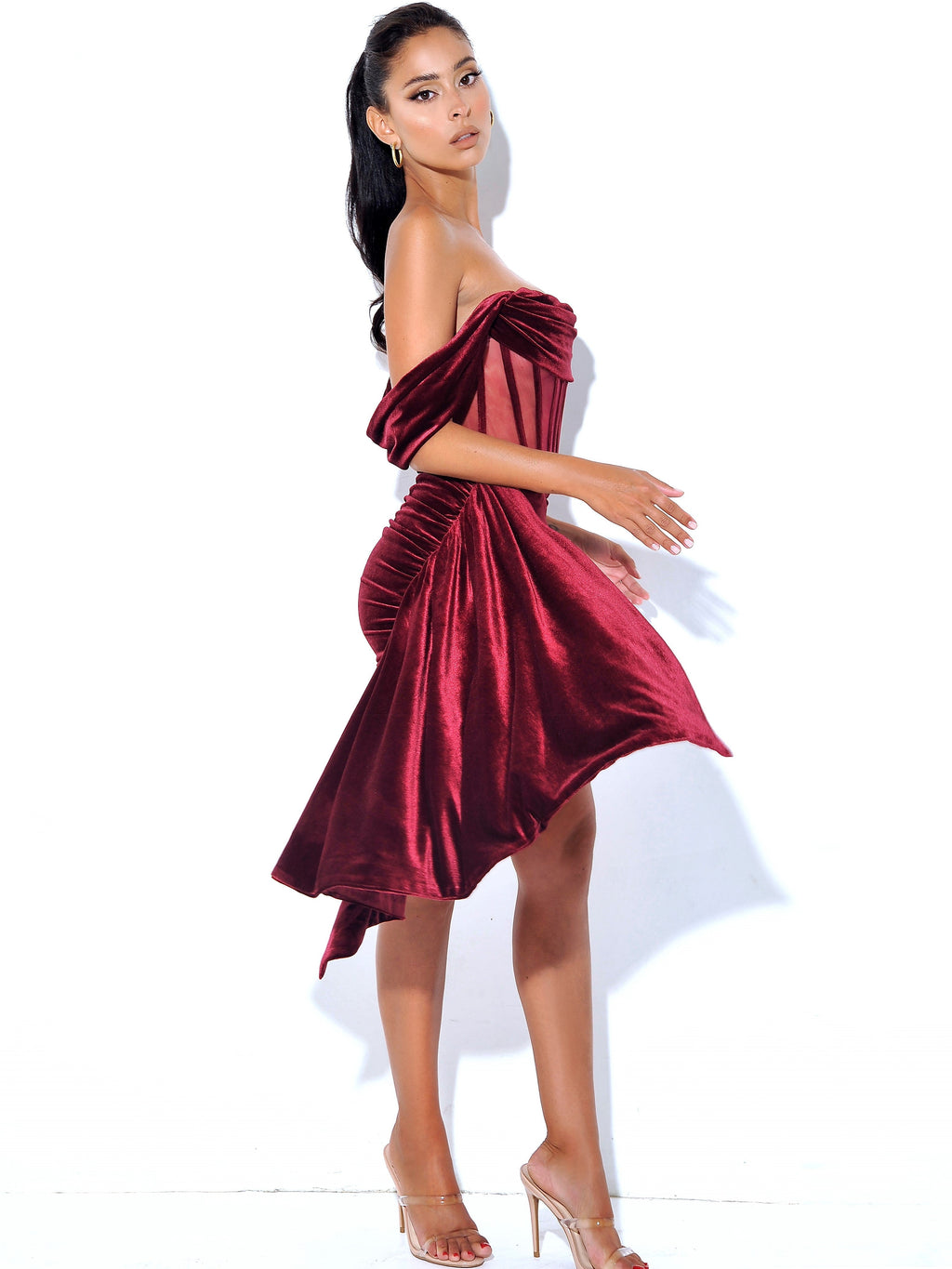 Irisa Burgundy Draping Charming Off Shoulder Corset Dress Dresses