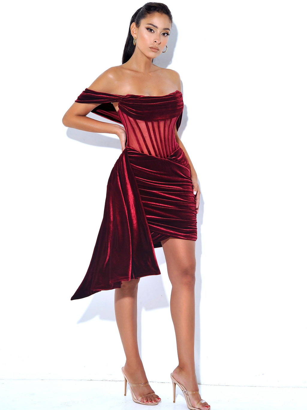 Irisa Burgundy Draping Charming Off Shoulder Corset Dress Dresses