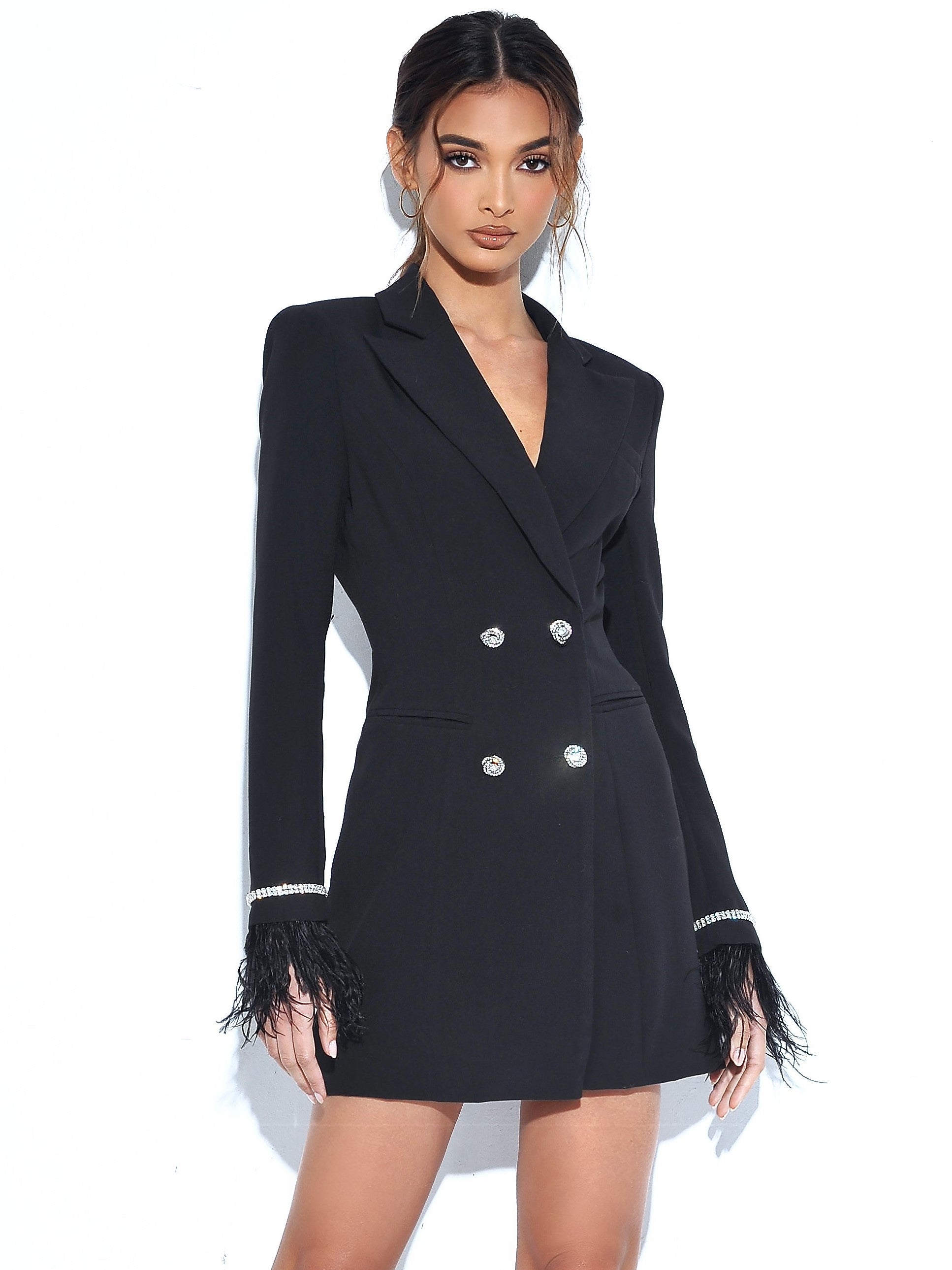 Quilla Black Feather Crystal Graceful Sleeve Backless Blazer Dress Dresses Main image