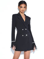 Quilla Black Feather Crystal Graceful Sleeve Backless Blazer Dress Dresses