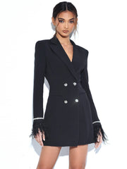 Quilla Black Feather Crystal Graceful Sleeve Backless Blazer Dress Dresses