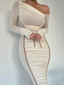 Diagonal Collar Mesh Backless Ruched Bodycon Long Midi Dress White / S