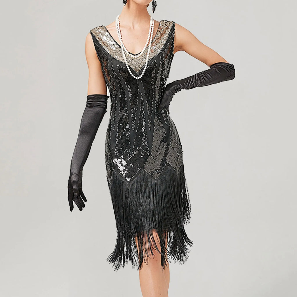 For Women 2024 1920s O neck Sleeveless Tassel Shinny Glitter Sequin Club Party Vestidos Prom Dress BLACK / S
