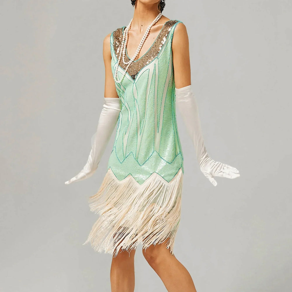 For Women 2024 1920s O neck Sleeveless Tassel Shinny Glitter Sequin Club Party Vestidos Prom Dress Light Blue / S