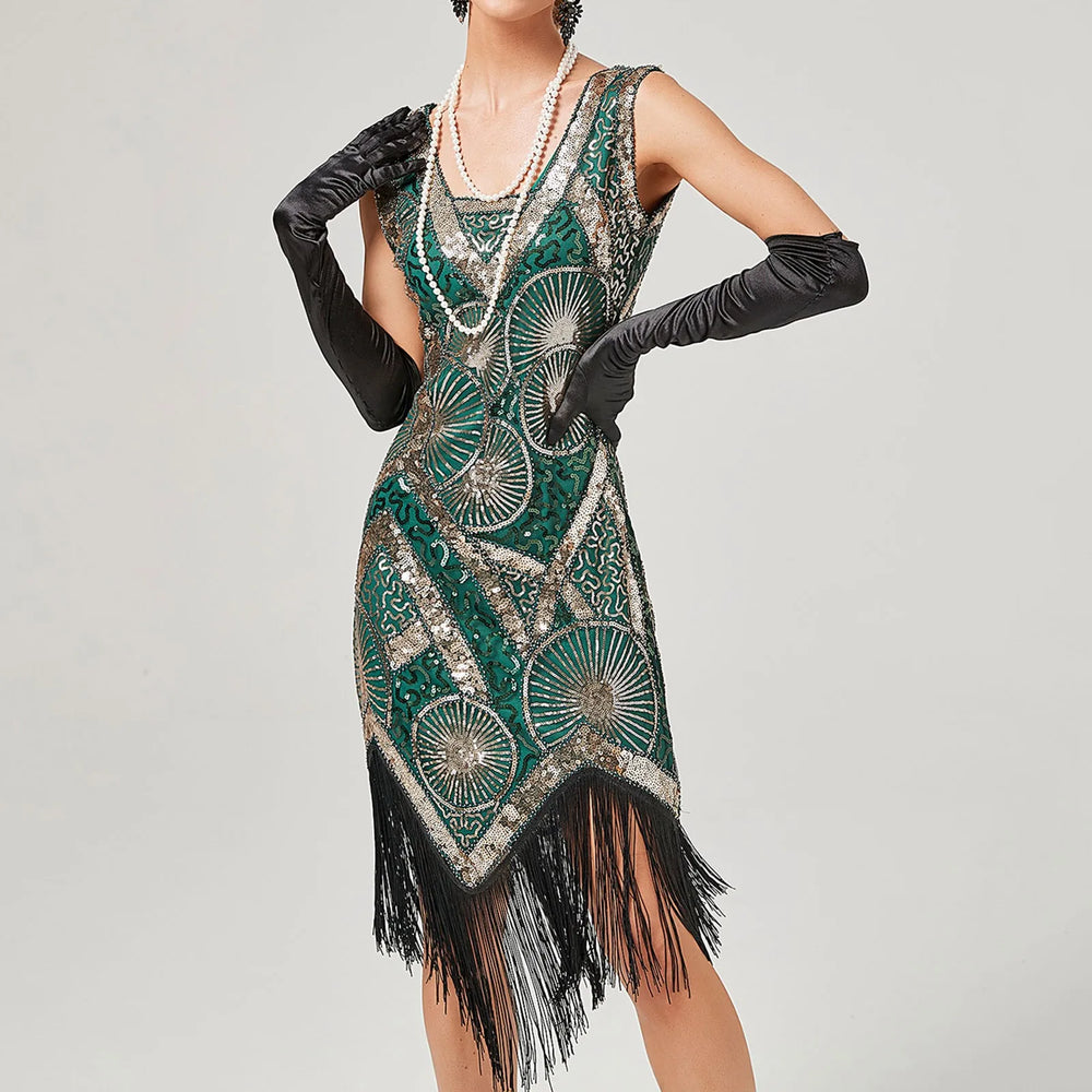 For Women 2024 1920s O neck Sleeveless Tassel Shinny Glitter Sequin Club Party Vestidos Prom Dress GREEN / S