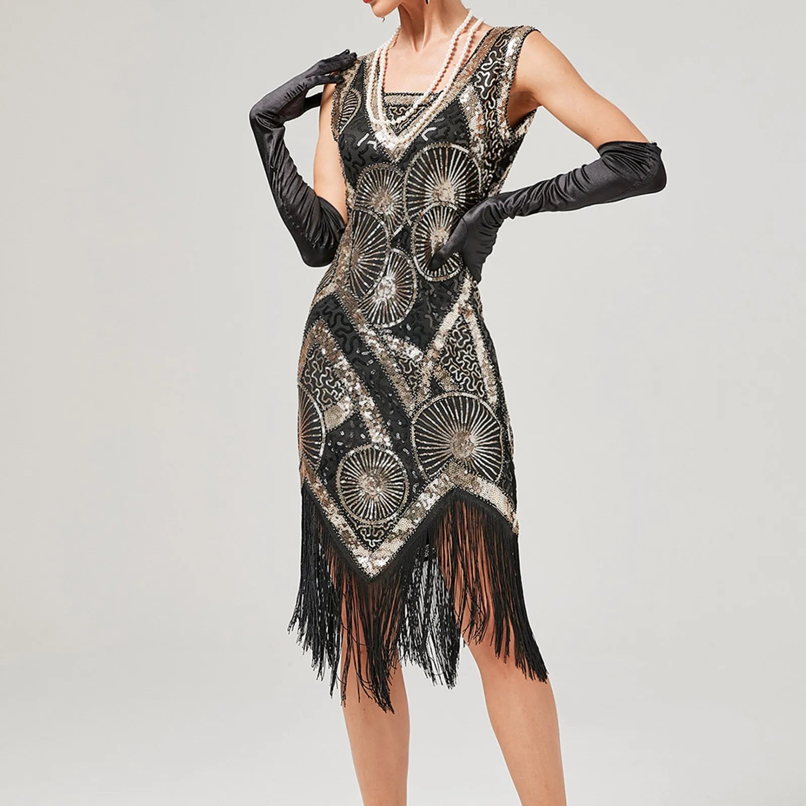 For Women 2024 1920s O neck Sleeveless Tassel Shinny Glitter Sequin Club Party Vestidos Prom Dress GOLD / S