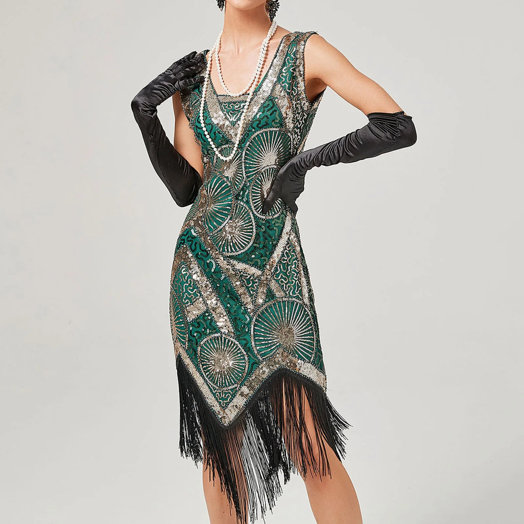 For Women 2024 1920s O neck Sleeveless Tassel Shinny Glitter Sequin Club Party Vestidos Prom Dress GREEN / S