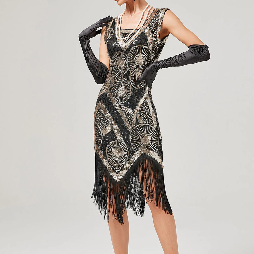 For Women 2024 1920s O neck Sleeveless Tassel Shinny Glitter Sequin Club Party Vestidos Prom Dress GOLD / S
