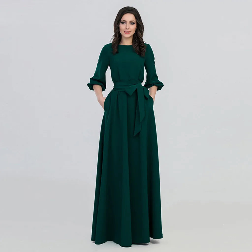 For Women 2024 Long Sleeve Crew Neck Solid Color Lantern Sleeve With Belt Formal Elegant Prom Dress Green / S