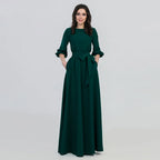 For Women 2024 Long Sleeve Crew Neck Solid Color Lantern Sleeve With Belt Formal Elegant Prom Dress Green / S