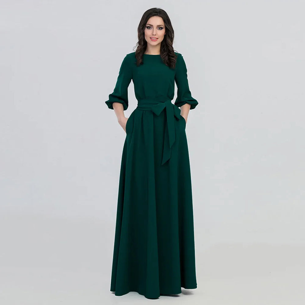 For Women 2024 Long Sleeve Crew Neck Solid Color Lantern Sleeve With Belt Formal Elegant Prom Dress Green / S