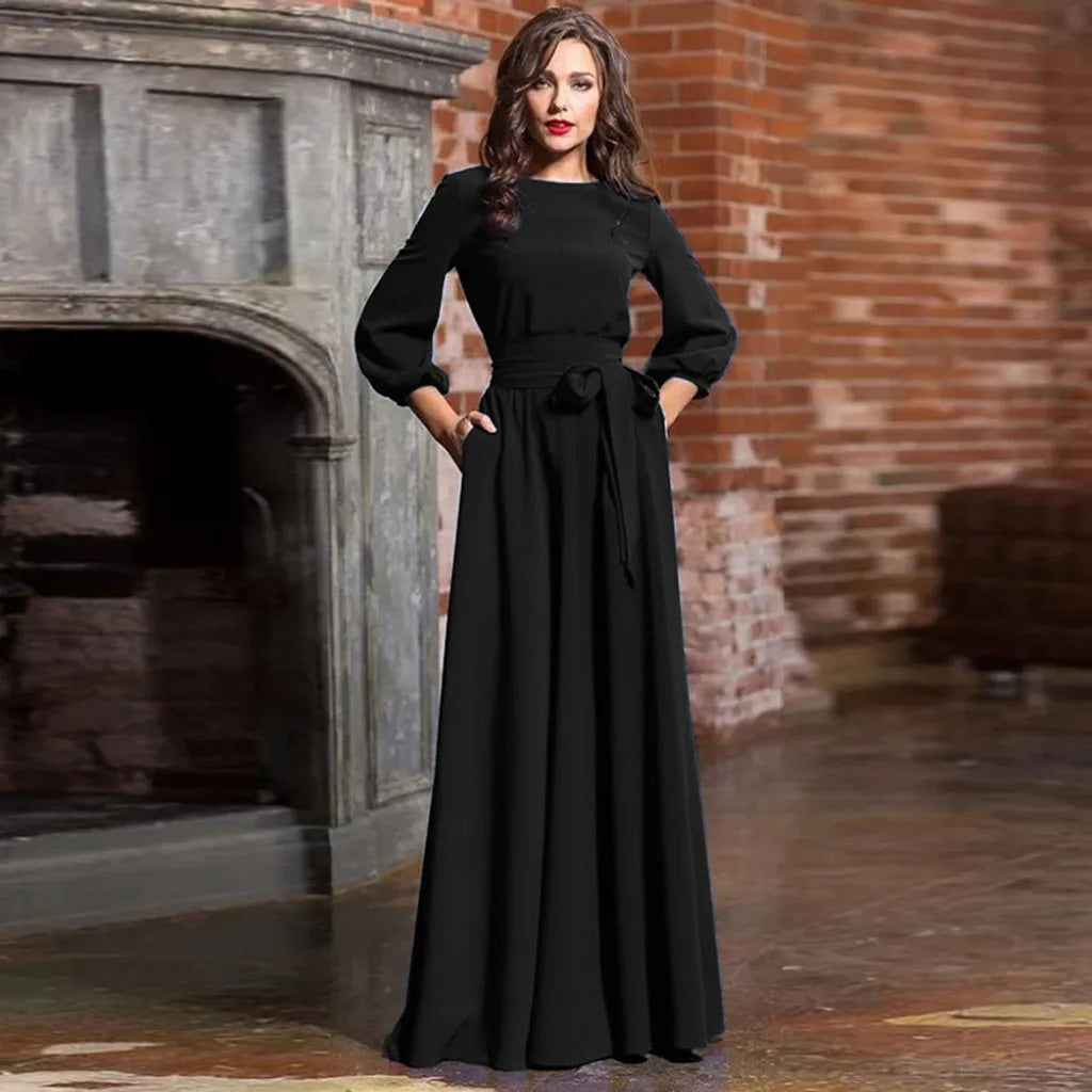 For Women 2024 Long Sleeve Crew Neck Solid Color Lantern Sleeve With Belt Formal Elegant Prom Dress Black / S