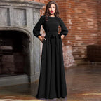 For Women 2024 Long Sleeve Crew Neck Solid Color Lantern Sleeve With Belt Formal Elegant Prom Dress Black / S