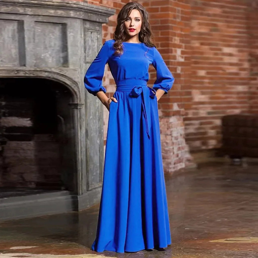 For Women 2024 Long Sleeve Crew Neck Solid Color Lantern Sleeve With Belt Formal Elegant Prom Dress Blue / S