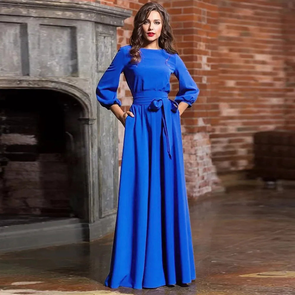 For Women 2024 Long Sleeve Crew Neck Solid Color Lantern Sleeve With Belt Formal Elegant Prom Dress Blue / S