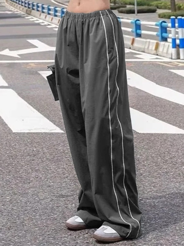 Piping Detail Wide Leg Track Pants Gray / XL Wide Leg Pants