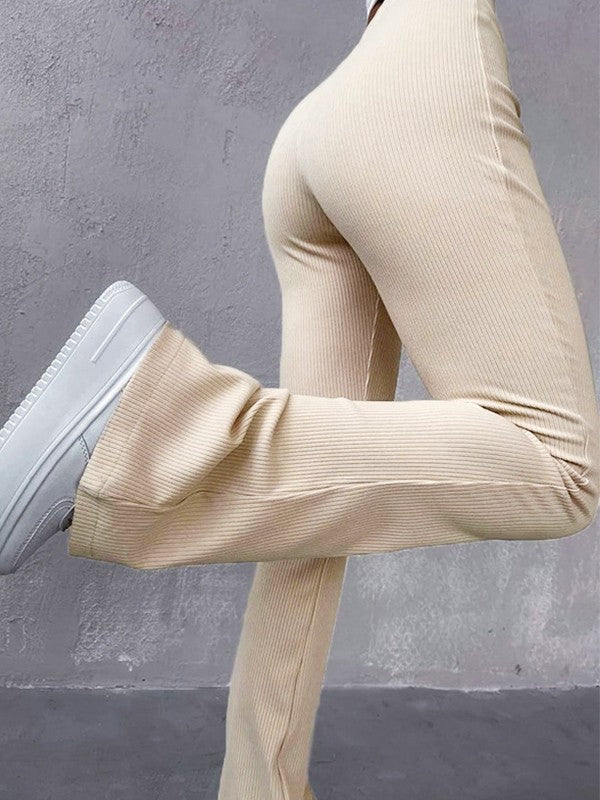 Stretchy Ribbed Flare Leg Pants Flare Leg Pants