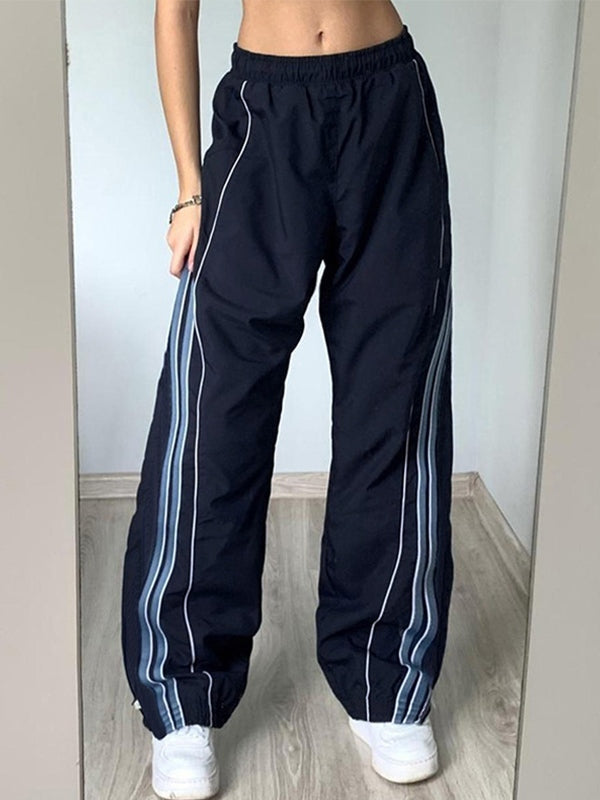 Vintage Striped Piping Baggy Sweatpants Navy Blue / S Straight Leg Pants Main image