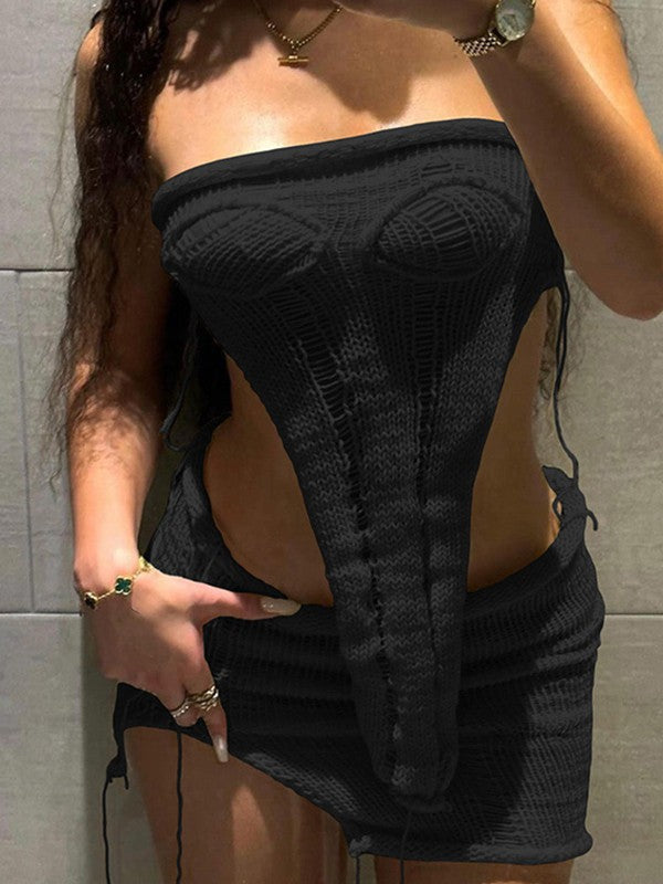 Asymmetric Distressed Knitted Two Piece Set Black / S Two Piece Outfits