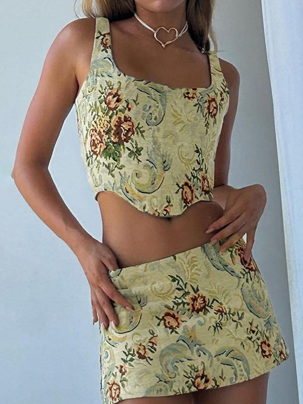 Jacquard Corset Top & Mini Skirt Set Apricot / S Two Piece Outfits