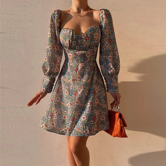 Elegant Dot Floral Prints Spring/Summer Women's Low Cut Square Neck Full Lantern Sleeve Mini Dress