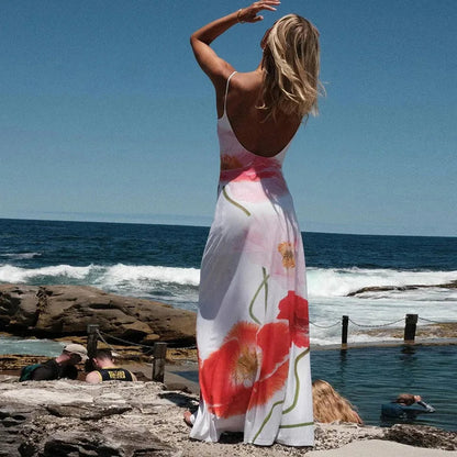 Elegant Floral Print Summer Sexy Spaghetti Straps Beach Holiday Backless Maxi Dress