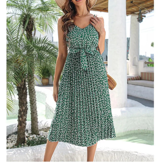 Elegant Floral Print Pleated Summer Midi Dress 2024 Casual V-Neck Lace Up A-Line Midi Dress