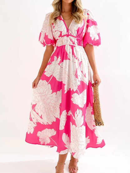 Elegant Floral Printed Women V Neck Elastic High Waist Retro Summer Fashion Maxi Dress