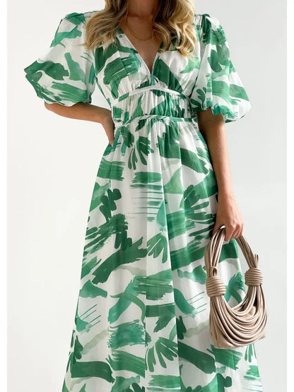 Elegant Floral Printed Women V Neck Elastic High Waist Retro Summer Fashion Maxi Dress