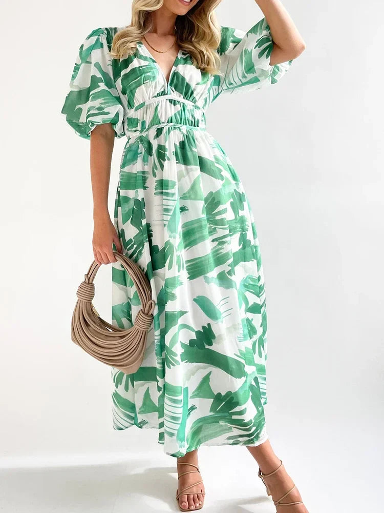 Elegant Floral Printed Women V Neck Elastic High Waist Retro Summer Fashion Maxi Dress