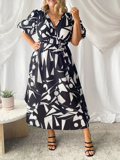 Elegant Floral Printed Women V Neck Elastic High Waist Retro Summer Fashion Maxi Dress