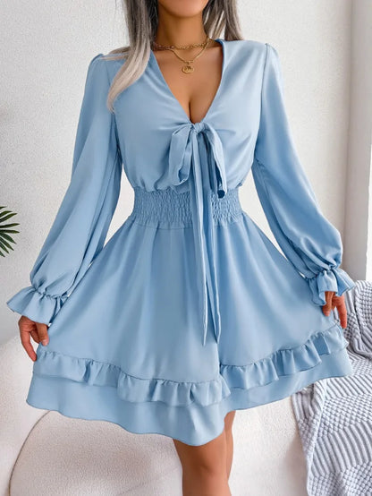 Elegant Full Flare Sleeves Summer Women's Spring Casual Lace up Bow Elastic Waist Swing Mini Dress