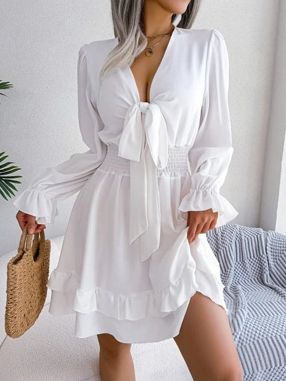 Elegant Full Flare Sleeves Summer Women's Spring Casual Lace up Bow Elastic Waist Swing Mini Dress