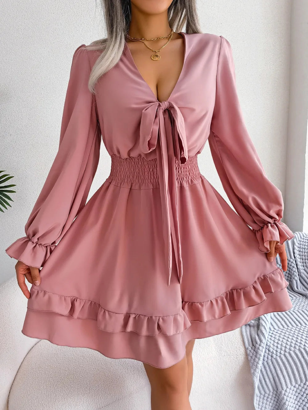 Elegant Full Flare Sleeves Summer Women's Spring Casual Lace up Bow Elastic Waist Swing Mini Dress