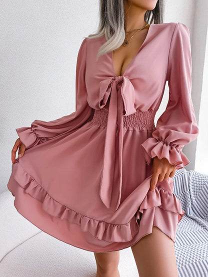 Elegant Full Flare Sleeves Summer Women's Spring Casual Lace up Bow Elastic Waist Swing Mini Dress