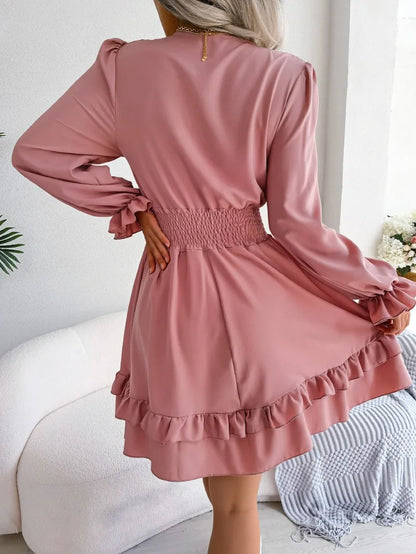 Elegant Full Flare Sleeves Summer Women's Spring Casual Lace up Bow Elastic Waist Swing Mini Dress