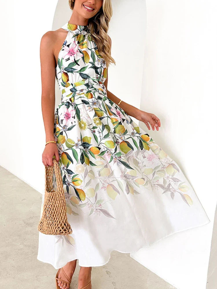 Elegant Holiday Printed Long Women 2024 Summer Halter Printing Waist Sleeveless Maxi Dress