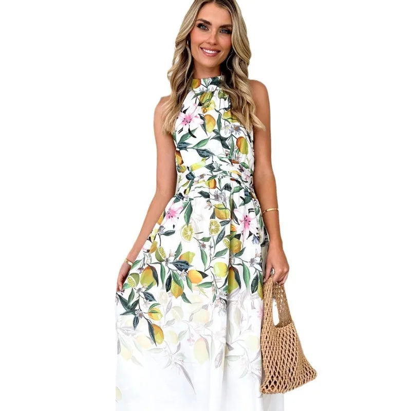 Elegant Holiday Printed Long Women 2024 Summer Halter Printing Waist Sleeveless Maxi Dress