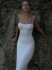 Elegant Knitted Long White Backless Bodycon Lace Up Slit Maxi Dress