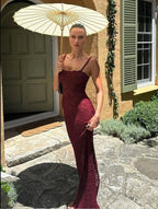 Glamorous Elegant Lace See Through Sexy Spaghetti Straps Black Split Maxi Dress Claret / S