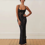Glamorous Elegant Lace See Through Sexy Spaghetti Straps Black Split Maxi Dress Black / S