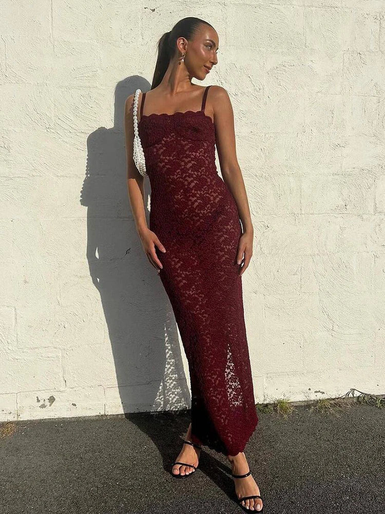 Elegant Lace Summer Maxi Sexy Spaghetti Straps Sleeveless See Through Party Evening Outfits Dress Main image
