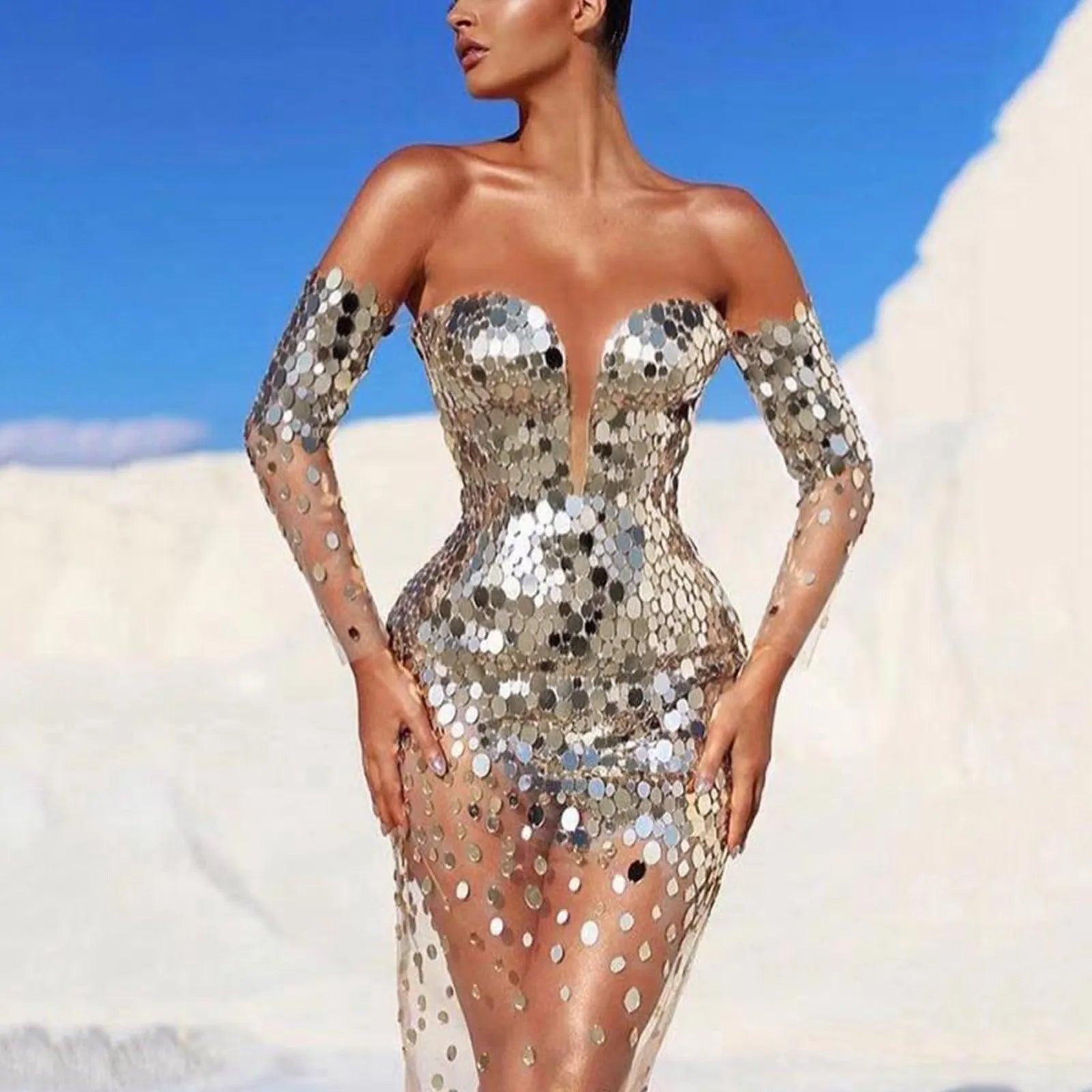 Elegant Party For Women 2024 Sexy Mesh See Through Deep V Neck Evening Prom Dress Silver / S
